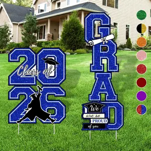 Graduation Yard Sign Class of 2026 Decorations - 4 count Large Size Blue Glittering Congrats Grad Class of 2026 Outdoor Lawn Decor with Stakes - High School College Graduation Party Decorations Supplies