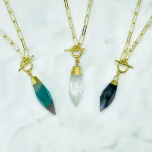 Petite Crystal Pendulum Necklace - *Select Your Crystal* Clear Quartz, Fluorite, Amethyst - with 18k Gold Paperclip Chain T-Clasp – *Free* Programming Guide w. Yes No PDF Board - Divine Guidance