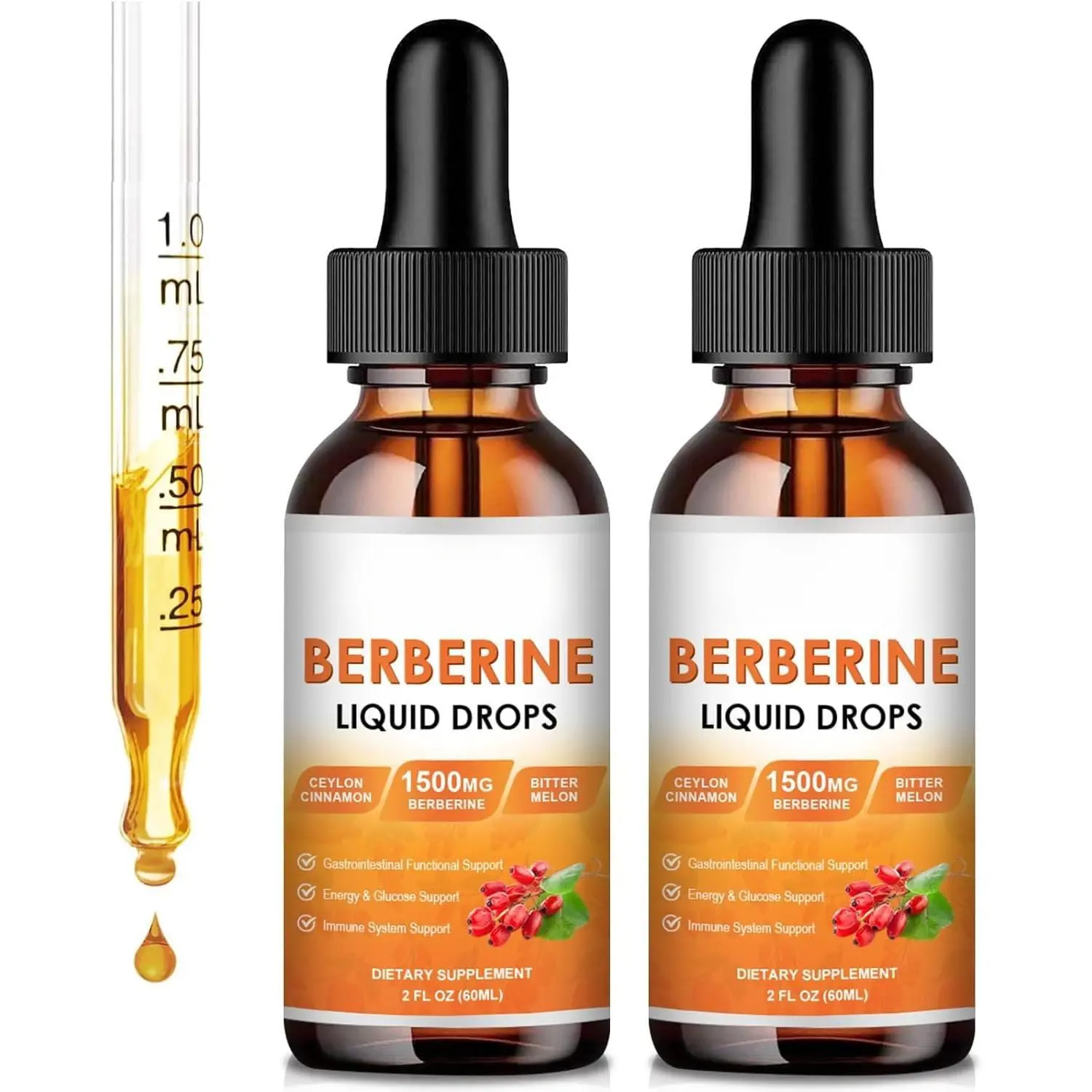 Berberine supplement, containing Ceylon cinnamon, bitter gourd, sugar free, and vegetarian supplements of berberine droplets, supports immune system and gastrointestinal health -4 FL Oz (2 packs) Dietary