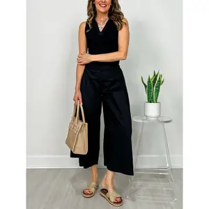 Spring Breeze Sleeveless Polo Top with Matching Pants Set