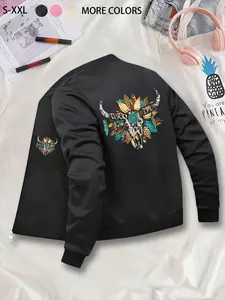 Women's Western Cow Skull Print Bomber Jacket, Lightweight Zip-Up Outerwear, American Street Style, Casual All-Season Wear
