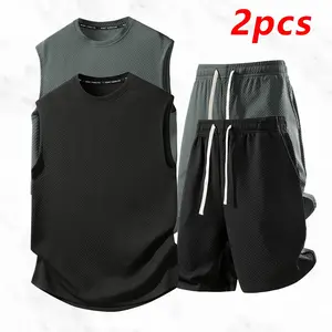 Men's Sleeveless Vest & Shorts Set Simple Casual Style Breathable Mesh Fabric Comfortable Loose Fit Ideal for Sports Fitness & Everyday Wear mens  shapewear  usa
