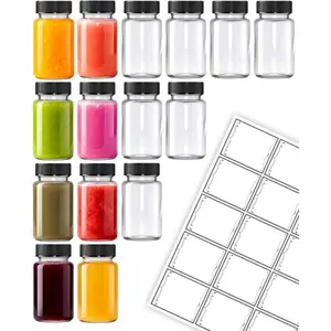 15 count 2 Oz Glass Juice Shot Bottles With Black Caps & 15 Labels,  Small Wellness Ginger Shot Glass Bottles Jar With  For Juicing & Ginger Shots,  & Leak-Proof & Dishwasher Safe