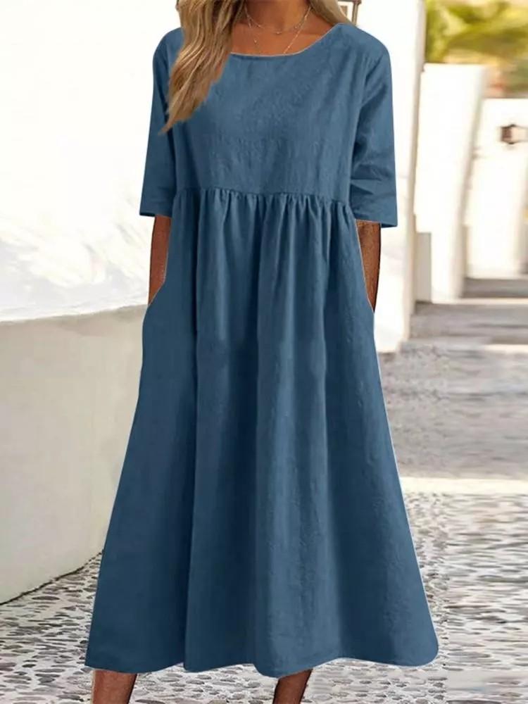 Women's Oversized Cotton Linen Dress Casual Half Sleeve Crewneck Flowy Midi Smock Dresses with Pockets Plus Size S-5XL