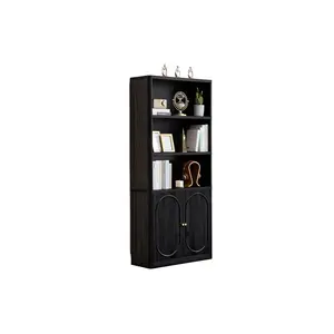 Giratree 70.8" Tall Fluted Bookshelf with Storage Cabinet, Modern 5-Tier Wood Bookcase with Open Display Shelves and Gold Handles for Living Room, Office, or Study
