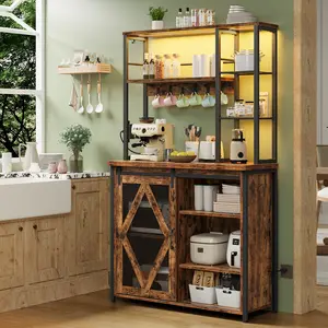 HOOBRO Bakers Rack with Power Outlet and LED Light, Microwave Stand, Kitchen Storage Rack with Sliding Barn Door & 6-S Hooks, Coffee Bar Cabinet with Storage, Rustic Brown and Black