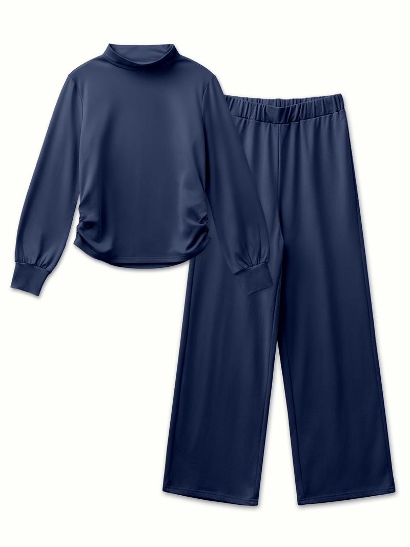 USBoutiqueCHIC Women's Chic Fall Winter Silky Soft 2-Piece Set - Long Sleeve Semi High Neck Loose Top & Wide Leg Pants, Casual Cozy Outfit for Daily Wear