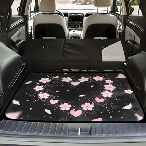 1pc 2D Flat Pink Cherry Blossom and Love Printed Polyester Car Trunk Mat | Soft Non-Slip Durable Cargo Mat with Stylish Minimalist Floral Design, Machine Washable, Universally Applicable for Most SUVs and Vehicles, Car Accessory