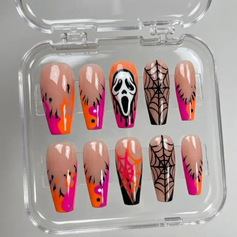 Halloween Horrorcore Hand Painted Scream Flame Press On Nails - Medium Coffin
