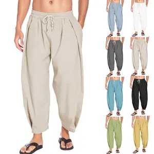 Men's Cotton Linen Harem Pants - Lightweight Cropped Lounge Pants |     Drawstring Waist Beach Yoga Trousers |     Japanese Style Streetwear