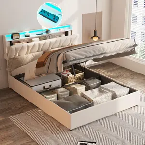 Vabches Lift Up Storage Bed Frame with Adjustable Headboard, Charging Station, LED Lights, Wood Slats, Noise-Free, No Box Spring Needed