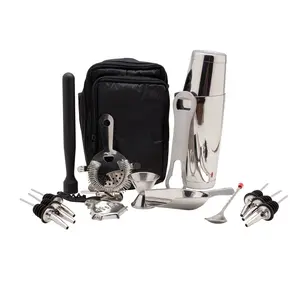 17-Piece Deluxe Bartender's Tote Set - Stainless Steel Bar Utensils, 0.5oz-1oz Jigger, Shaker, Tin, Bottle Opener