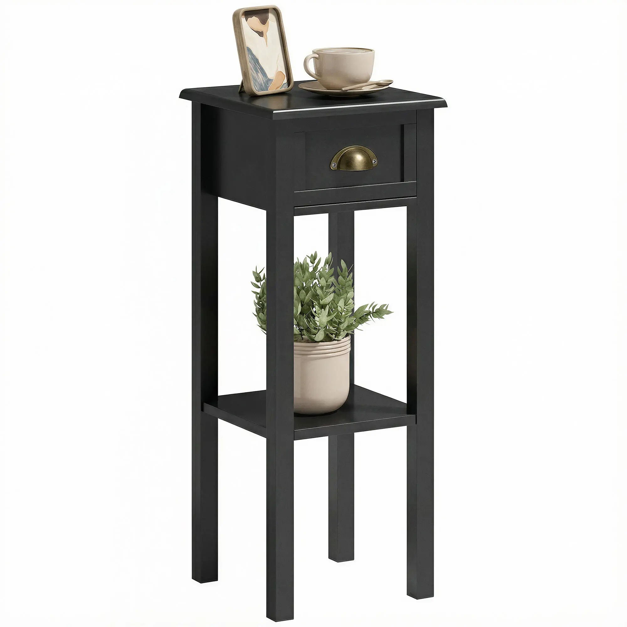 2-Tier 3-in-1 Kid-Safe Minimalist 4-Leg Jet-Black Bedside Table - Multi-Purpose Sofa Stand, Plant Stand, Clean Lines, Slide-Out Drawer, Lower Shelf, 33 Lb Capacity, Anti-Tipping Strap, Kid-Safe Bedside Tables, Minimalist Bedside Tables