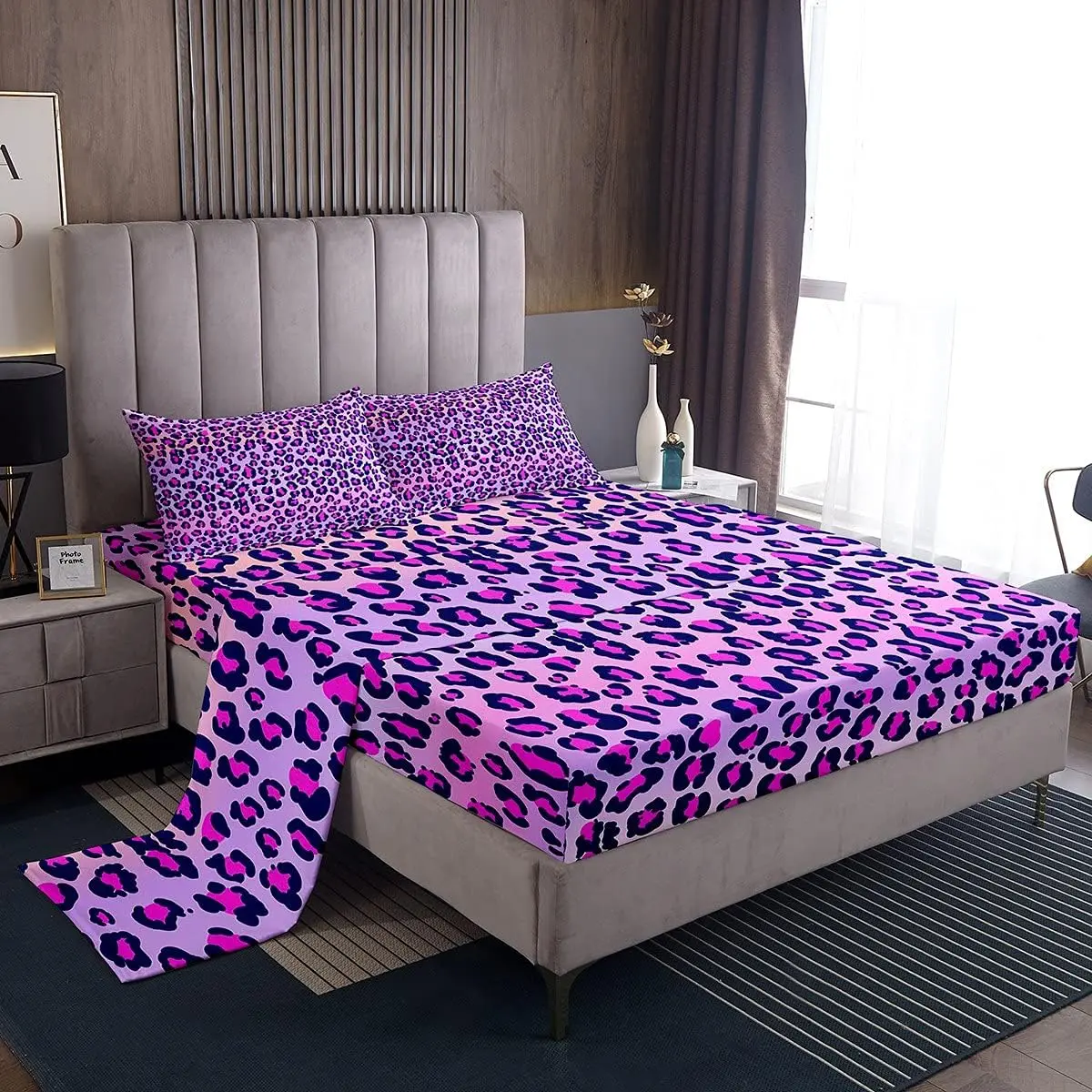 Feelyou Purple Leopard Printed Bedding Set - Soft Comfy Bedding, Decorative Bedding Set, Breathable Microfiber Fitted Sheets, Wild Animal Theme Linens for Teen Girls (Multi-Size)