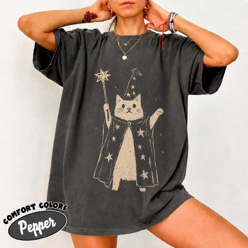 Comfort Colors Whimsigoth Cat Shirt, Mystical Wizard Kitty Graphic Tee, Dark Academia Star & Wand T-Shirt, Vintage Witchy Cat Gift