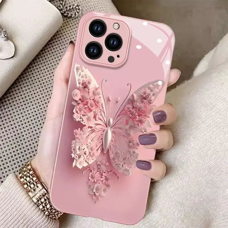 Flower butterfly pink wing pattern, metal paint glass phone case, anti drop and anti fingerprint, skin friendly feel, suitable for iPhone 17, 16, 15, 14, 13, 12, 11 and other series models, can be given as a gift to friends or family