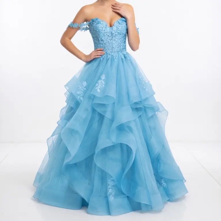 strapless open back dress Blue Off-Shoulder Floral Tulle Gown Layered Prom Dress YE3025 – yewendress