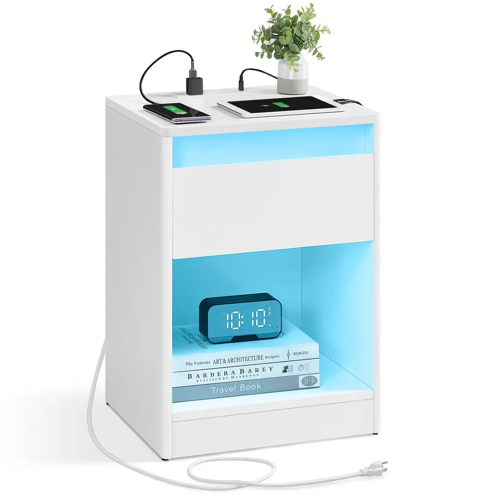 SONGMICS LED Nightstand with Charging Station, Adjustable LED Lights, USB Ports, Drawer, Modern Bedside Cabinet, Bedroom Living Room Indoor Furniture, Led Nightstands