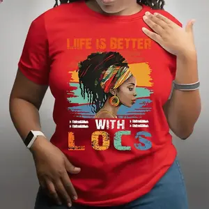 100% Cotton Women's Purple Short Sleeve Round Neck T-Shirt - African Female Portrait and "LOCs Make Life Better" Pattern Print, Casual Comfortable Style, Machine Washable Spring Summer Top, Bold Statement Shirt, Comfortable Fit Design