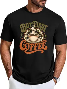 Coffee Lover Gift But First Coffee Tee Unisex Cotton Graphic T-Shirt Black White Retro Diner Style Caffeine Shirt