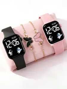 Women's Electronic Watch & Butterfly Bracelet Set, Silicone Strap, Astronaut Glow Pattern, Casual Style, Perfect Gift for All Occasions, Wristwatch Set