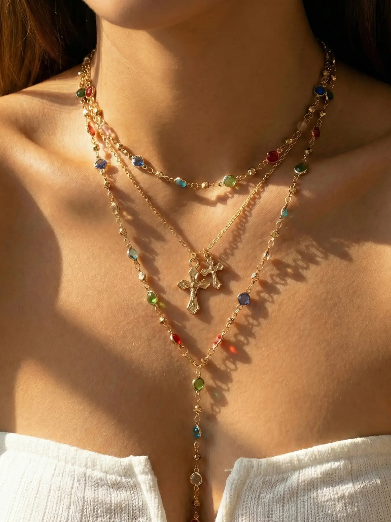 3 Piece Set Modern Street Style Old Money Hip Hop Cross Pendant Colorful Crystal Statement Necklace, Perfect for Parties Gifts Holidays Daily Wear, Whimsical Necklace