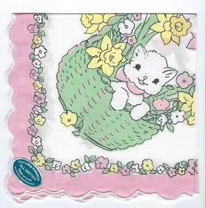 Vintage-Inspired Hanky - White Kitty in Green Basket Hanky
