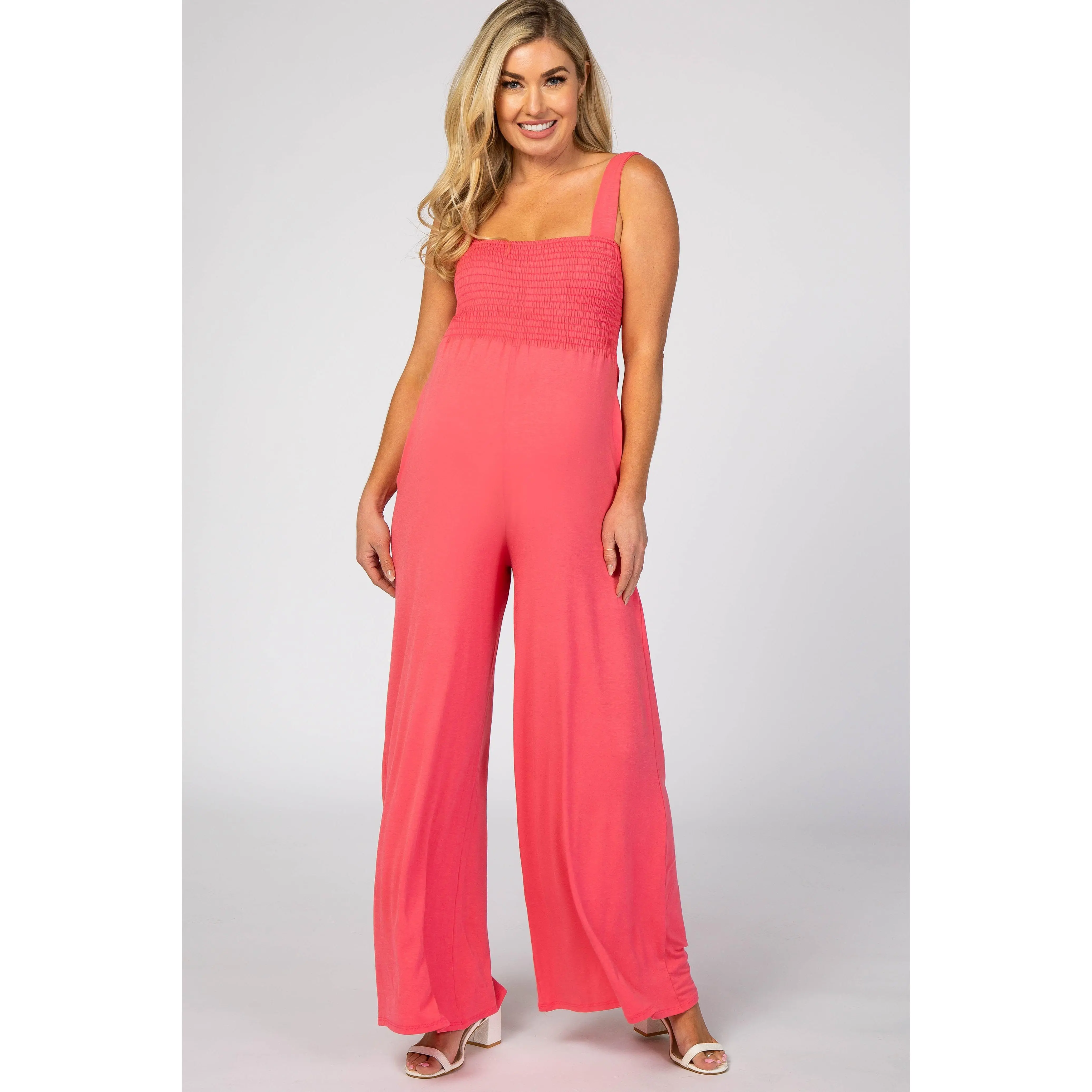 Coral Smocked Bust Maternity Jumpsuit, Sleeveless Wide Leg Pregnancy Clothes with Convenient Side Pockets, Maternity Outfits, Prenatal Maternity Clothing