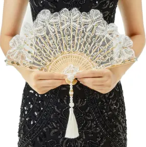 Lace Hand Fan Non-Foldable  Bridal Handheld Fans with Rhinestone and Embroidered for Wedding Decoration Dancing Party (White)