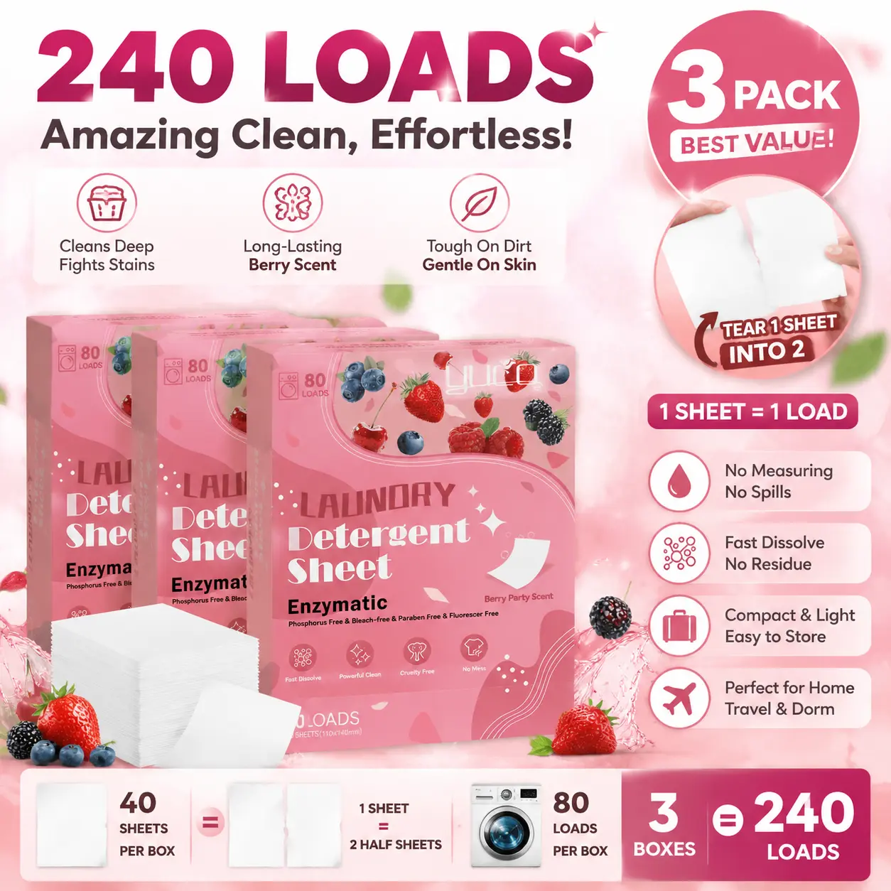 Laundry Detergent Sheets for 80Loads, Featuring 40 Sheets with Liquid-Free Technology. These Detergent Sheets Come Without a Plastic Jug And Have a Fresh Linen Fragrance