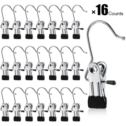 Clips Hangers Stainless Steel Rustproof Space-Saving, 360° Rotating Waterproof Durable Clothespins with Rubber-Coated Tips for Laundry Drying, Closet & Travel Storage, 16 Count