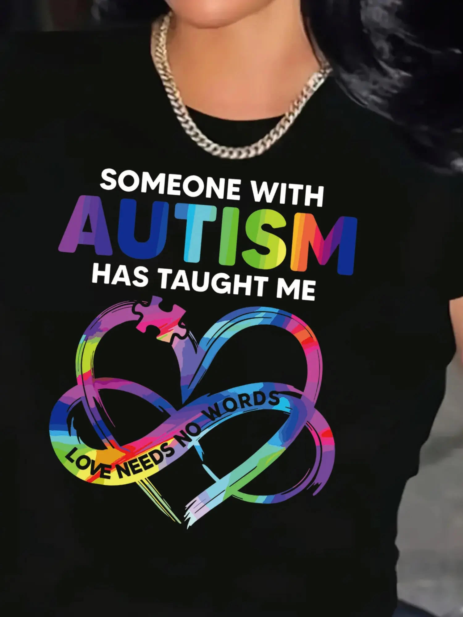 Inspirational Autism Awareness TShirt, Someone with Autism Taught Me Graphic, Polyester Knit Fabric, Crew Neck, Short Sleeve, Casual Loose Fit Tee, All Season Wear, Slight Stretch