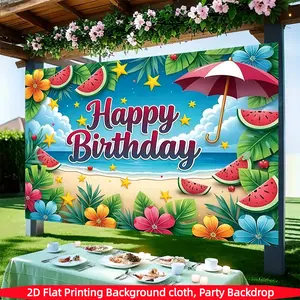 Summer beach birthday party background banner, made of tropical palm trees, pineapples,coconuts,polyester fabric，suitable for living rooms, bedrooms, offices, birthdays, anniversaries, home decor, outdoor and indoor parties, photography background fabric