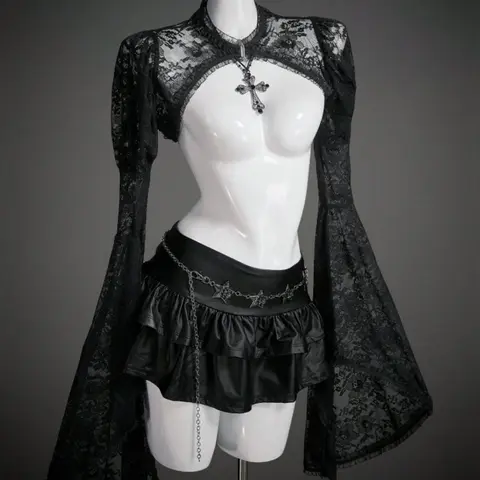 Women's Gothic Lace Halloween Cosplay Costume Long Sleeve Fitted Cropped Top, Stylish and Spooky Design for Festive, Perfect for Party Wear