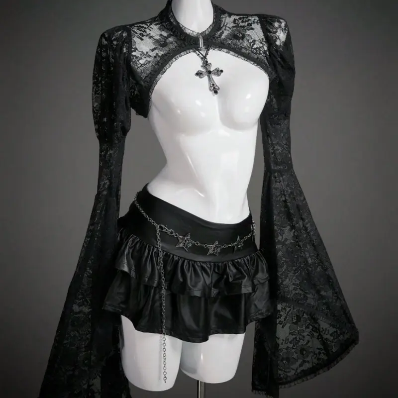 Women's Gothic Lace Halloween Cosplay Costume Long Sleeve Fitted Cropped Top, Stylish and Spooky Design for Festive, Perfect for Party Wear