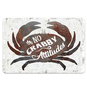 Dyenamic Art "No Crabby Attitudes" 8x12 Lightweight Tin Wall Sign, Brown Crab Retro Vintage Coastal Home Decor, Print Signage Plaque, Ideal Gift Artwork