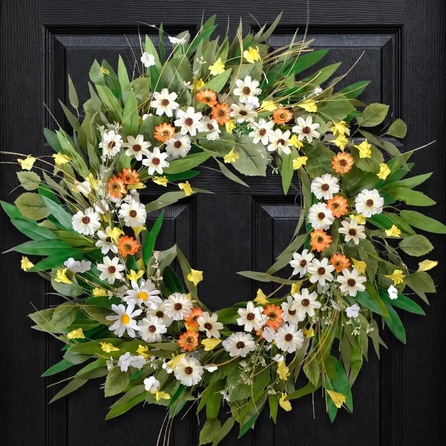 26-Inch Spring Greenery Flower Wreath for Front Door - White Daisy, Yellow Forsythia, Eucalyptus & Olive Leaves Wreath, All-Seasons Indoor Outdoor Decoration