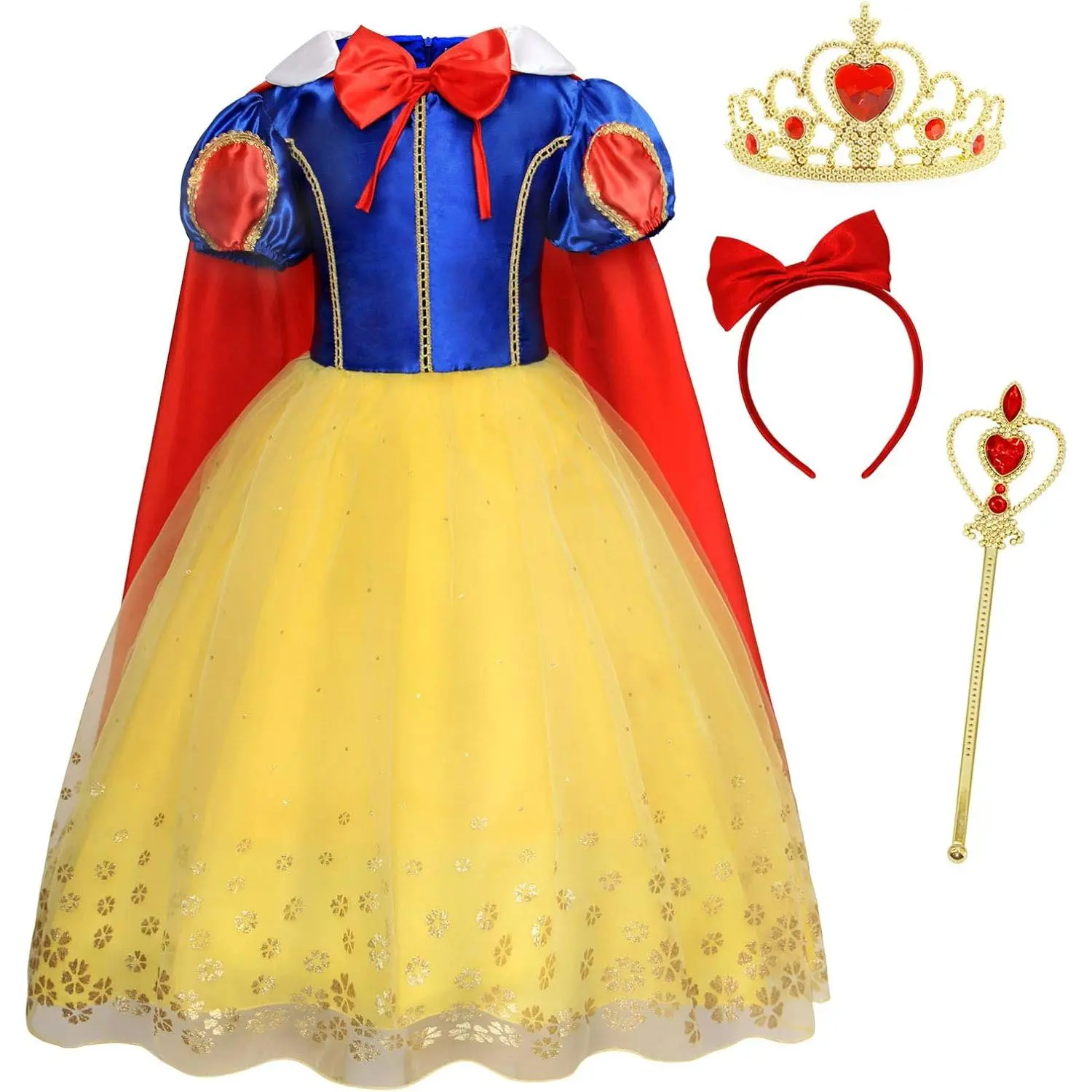 Toddler Girls' Princess Costume, Puff Sleeve Polyester Blend Dress with Flower Pattern, 5-Piece Accessories Set for School Performance & Parties, 4T, Party Costume, Princess Look, Costume Decoration, Slight