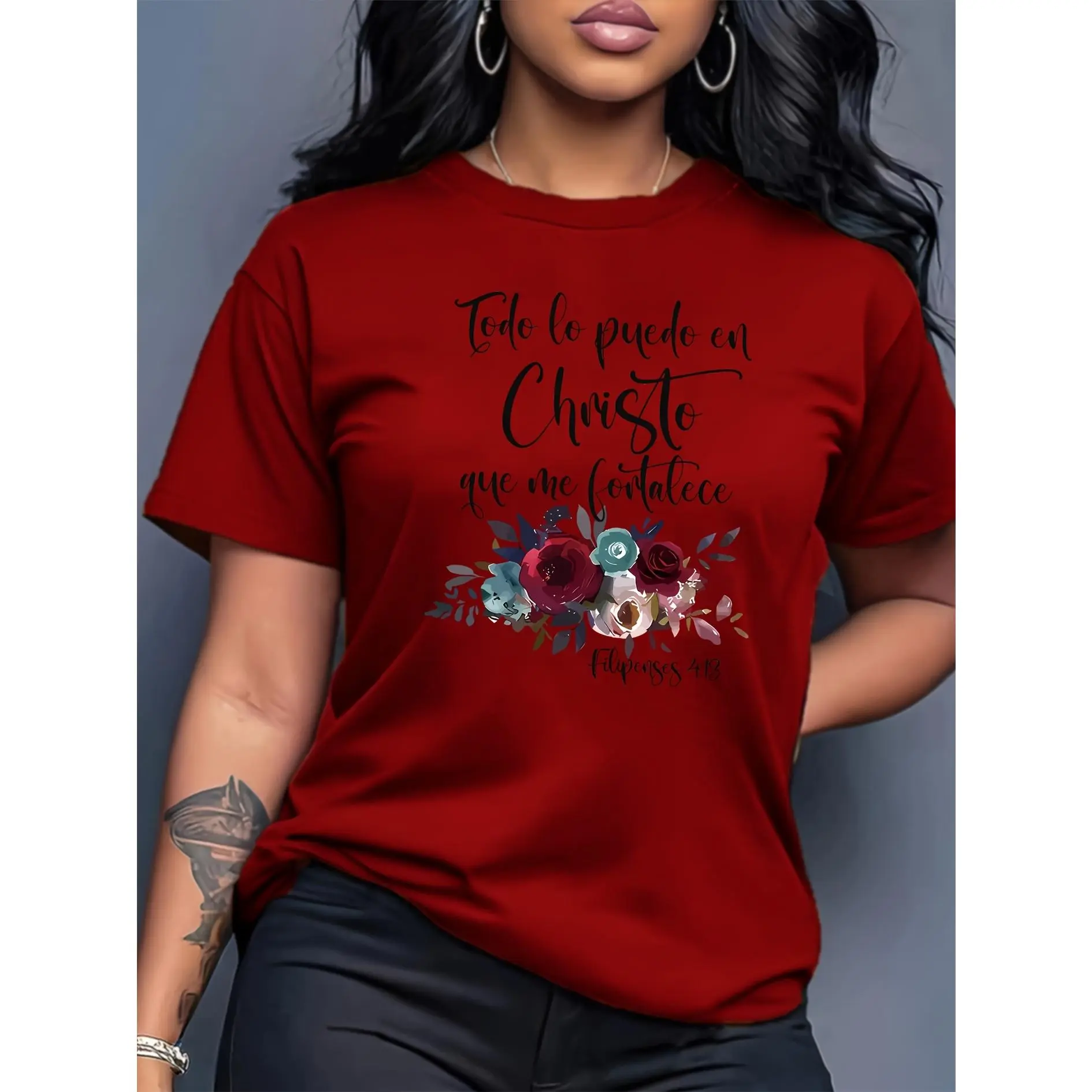100% cotton women's faith-themed short-sleeve top. Printed with the message "I rely on the Christ who gives me strength, I can do all things." Features a round neck, machine washable, comfortable, soft, breathable, suitable for spring, summer, and autumn.