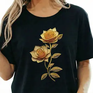 Gold Rose Shirt Aesthetic Floral Graphic Tee Women Vintage Botanical Art Relaxed Fit Trendy Top Soft Everyday Tee