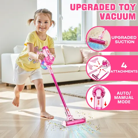 BLAXTEM 4-in-1 Standable Toy Vacuum Cleaner Set - Unisex Toddler Pretend Play Item, Compact Design, Powerful Suction, 4 Attachments, Auto/Manual Modes, Sound & Lights, Christmas Gifts, Cool Toddler Stuff, Cleaning & Parent-Kid Cleanup Tool