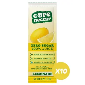 Core Nectar - Zero Sugar, Lemonade Juice Packets | 100% Sugar Free, Natural Sweetened | Made with Real Fruit & Clean Ingredients | All Sugar Removed Natural Beverage Juice | 10 Sticks