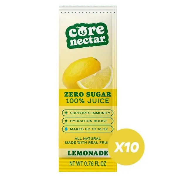Core Nectar - Zero Sugar, Lemonade Juice Packets | 100% Sugar Free, Natural Sweetened | Made with Real Fruit & Clean Ingredients | All Sugar Removed Natural Beverage Juice | 10 Sticks