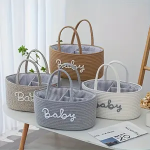 Diaper Caddy Organizer For Changing Table, Cotton Rope Storage Basket For Diaper Wipes, Car Caddy Organizer, Nursery Diaper Organizer With Divider, Portable Diaper Storage, Shelf Baskets