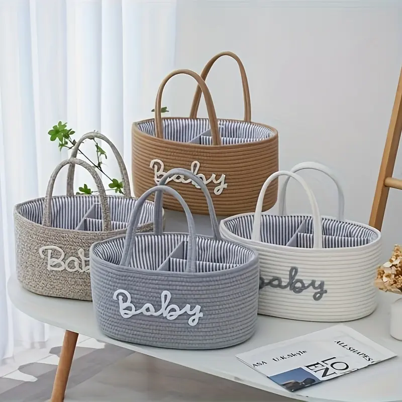 Diaper Caddy Organizer For Changing Table, Cotton Rope Storage Basket For Diaper Wipes, Car Caddy Organizer, Nursery Diaper Organizer With Divider, Portable Diaper Storage, Shelf Baskets
