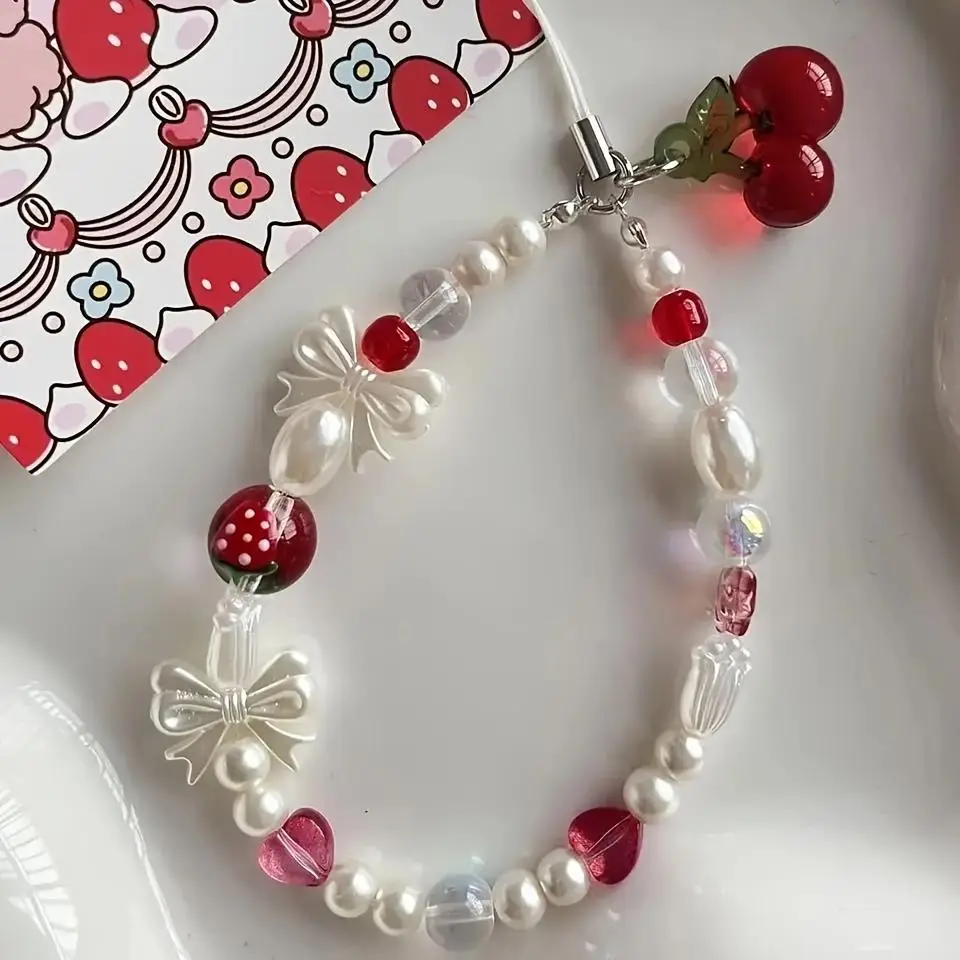Bowknot Decor Phone Chain, Cute Strawberry & Bowknot Design Phone Lanyard Pendants for iPhone 15 Pro Max, Universal Phone Strap for Women & Girls, Cha