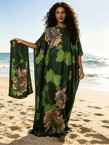 2026 New Women's 2 Piece Dark Green Floral Print Casual Kaftan Maxi Dress with Matching Scarf, Silky Loose Pleated Robe, Plus Size Friendly, Beach Cover Up, Resort Vacation & Evening Party Wear