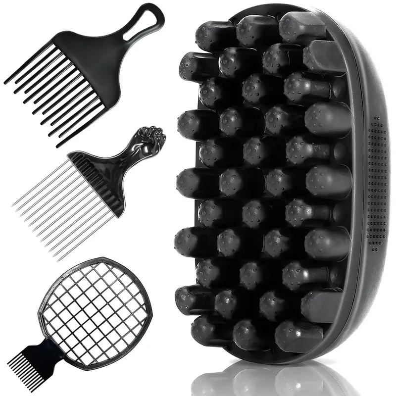 4-Pack Double-Sided Stainless Steel Curl Defining Brush Set for Black Coily & Afro Kinky Hair - ASMR Head Massager, Scalp Itch Control Tool, Female Hair Styling Accessory for Bouncy Curls