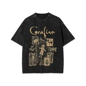 [Vintage wash] [coralines cat doll] pure cotton coralines cat doll pink palace apparel | washed T shirts men women streetwear hip hop T-shirt summer tees tops 220g, heat transfer printed