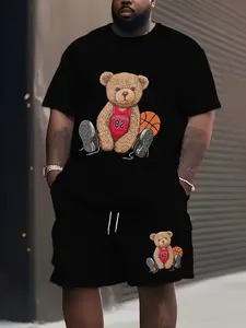 Men's Summer 3D Print Basketball Bear Pattern Two-Piece Set, Casual Outdoor Athletic Fashion Activewear with Drawstring, Loose Fit Sporty Round Neck Short Sleeve, Sports Clothing Set, Sporty Shorts Set